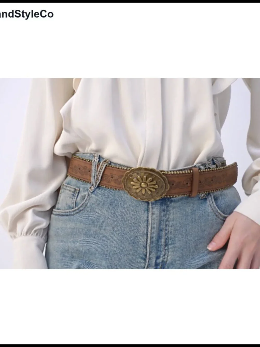 Western Belt for Women Cowgirl Faux Leather Floral Embossed Concho Buckle Belt
